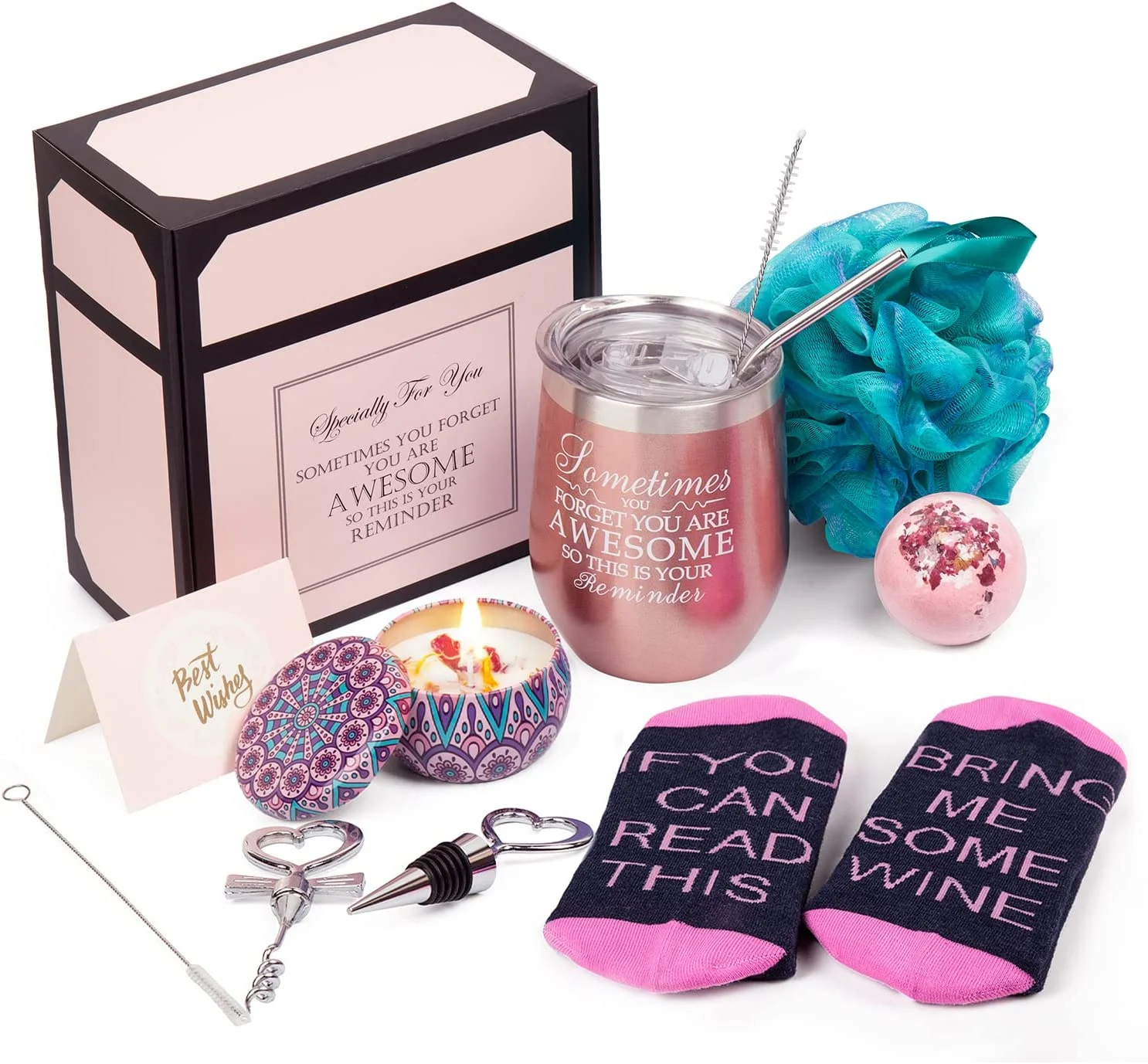 Wine Gifts for Women Wine Insulated Tumbler Gift Basket, Rose Gold