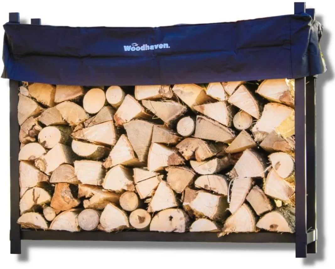 Woodhaven 5 Foot Black – Made in the USA – 1/4 Cord Plus Firewood Storage Log Rack With Seasoning Cover Combo Set – Indoor Outdoor – Metal Firewood Rack – Heavy Duty