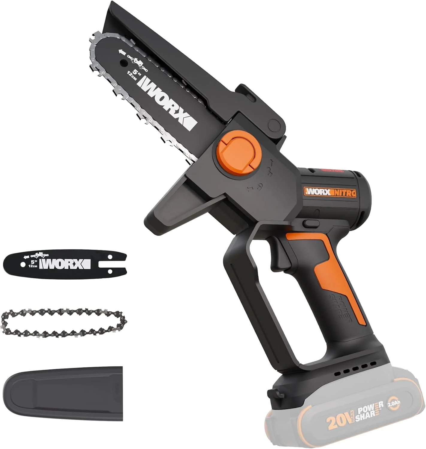 Worx 20V Cordless 5″ Pruning Saw, Brushless Mini Chainsaw Cordless, Lightweight Electric Chainsaw 33 ft/s, Handheld Battery Chainsaw w/Tool-Less Chain Replacement Power Share WG325.9 – Tool Only
