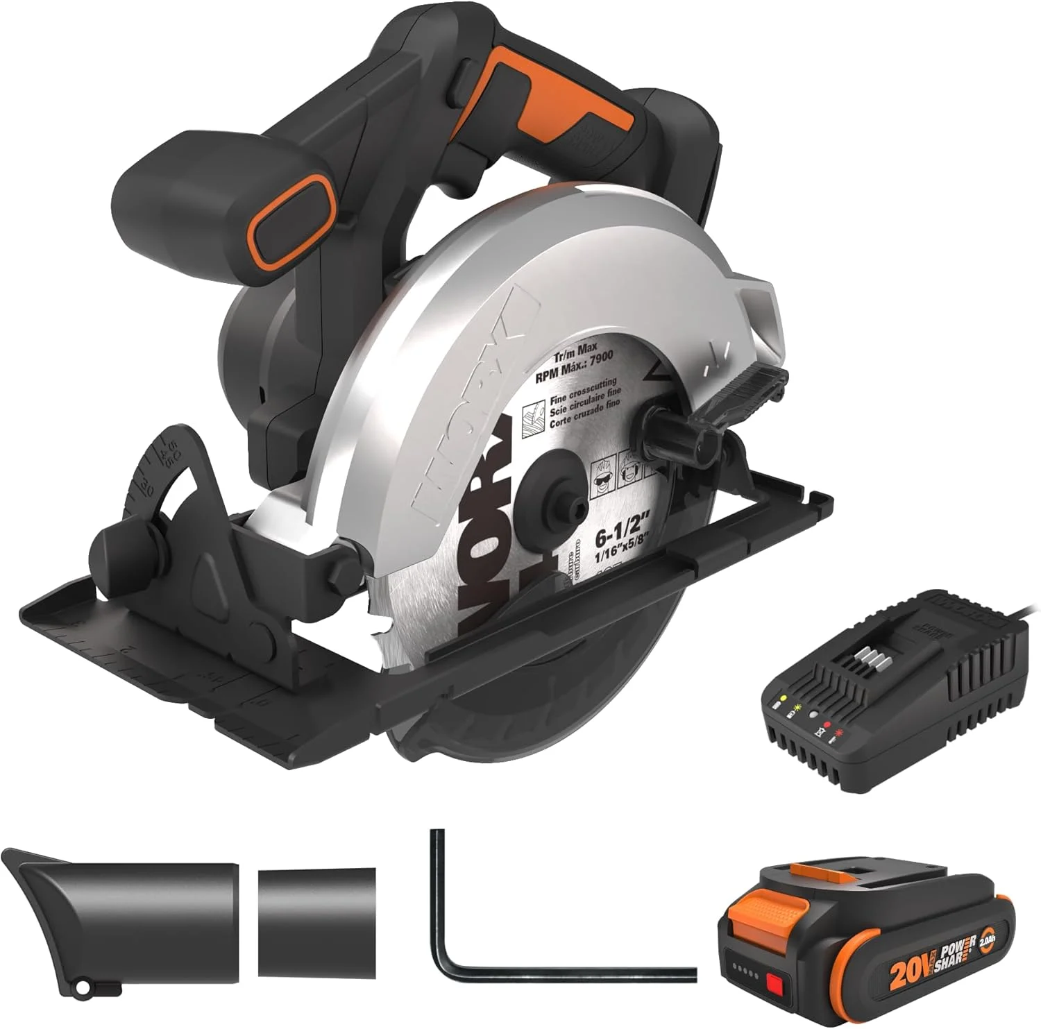 Worx 20V Cordless Electric Circular Saw 6-1/2” Max. 2-3/16″ Cutting Depth 4700 Rpm 0-50° Bevel Capacity 2.0 Ah Battery and Charger Included WX526L