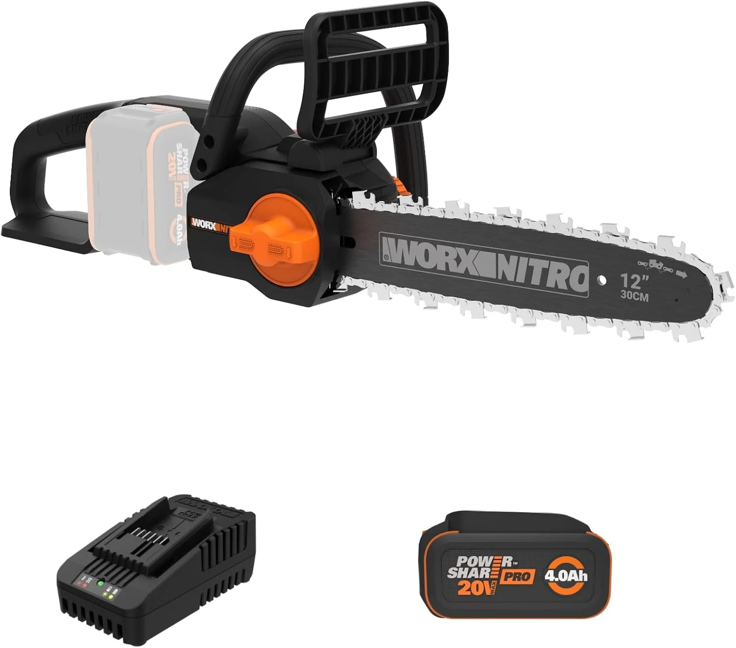 Worx Nitro 20V 12″ Cordless Brushless Chainsaw 4.0 Ah Battery and Charger Included WG350