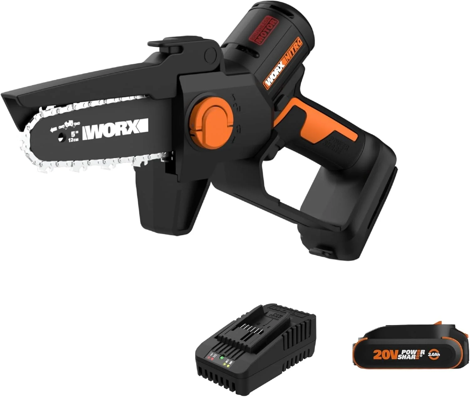 Worx Nitro 20V 5″ Cordless Brushless Chainsaw 2.0 Ah Battery and Charger Included WG325