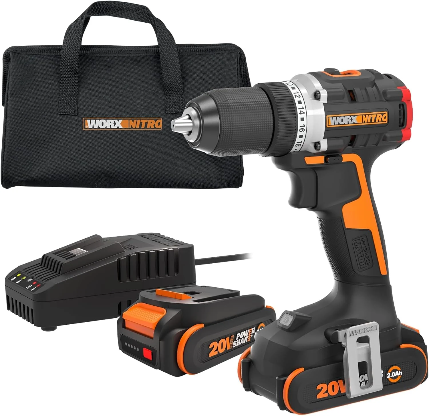Worx Nitro 20V Cordless 1/2″ Drill Driver With Brushless Motor – Compact & Lightweight Set Only 6″ and 3 lbs. – Power Share Compatible WX130L – Batteries & Charger Included
