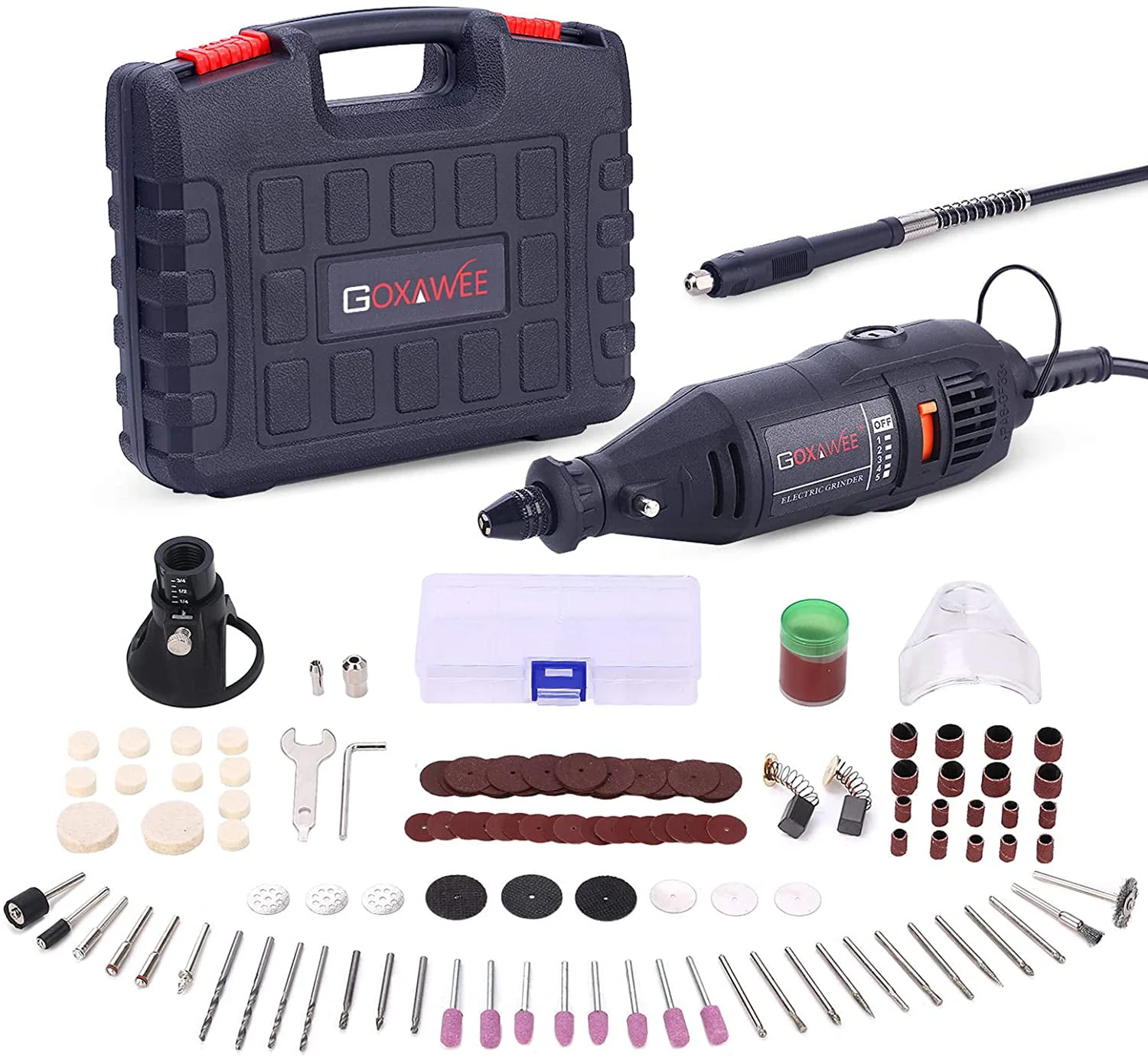 GOXAWEE 130W Rotary Tool Kit with MultiPro Keyless Chuck and Flex Shaft, 140pcs Accessories Variable Speed Electric Drill Set, for Handmade Crafting Projects and DIY Creations