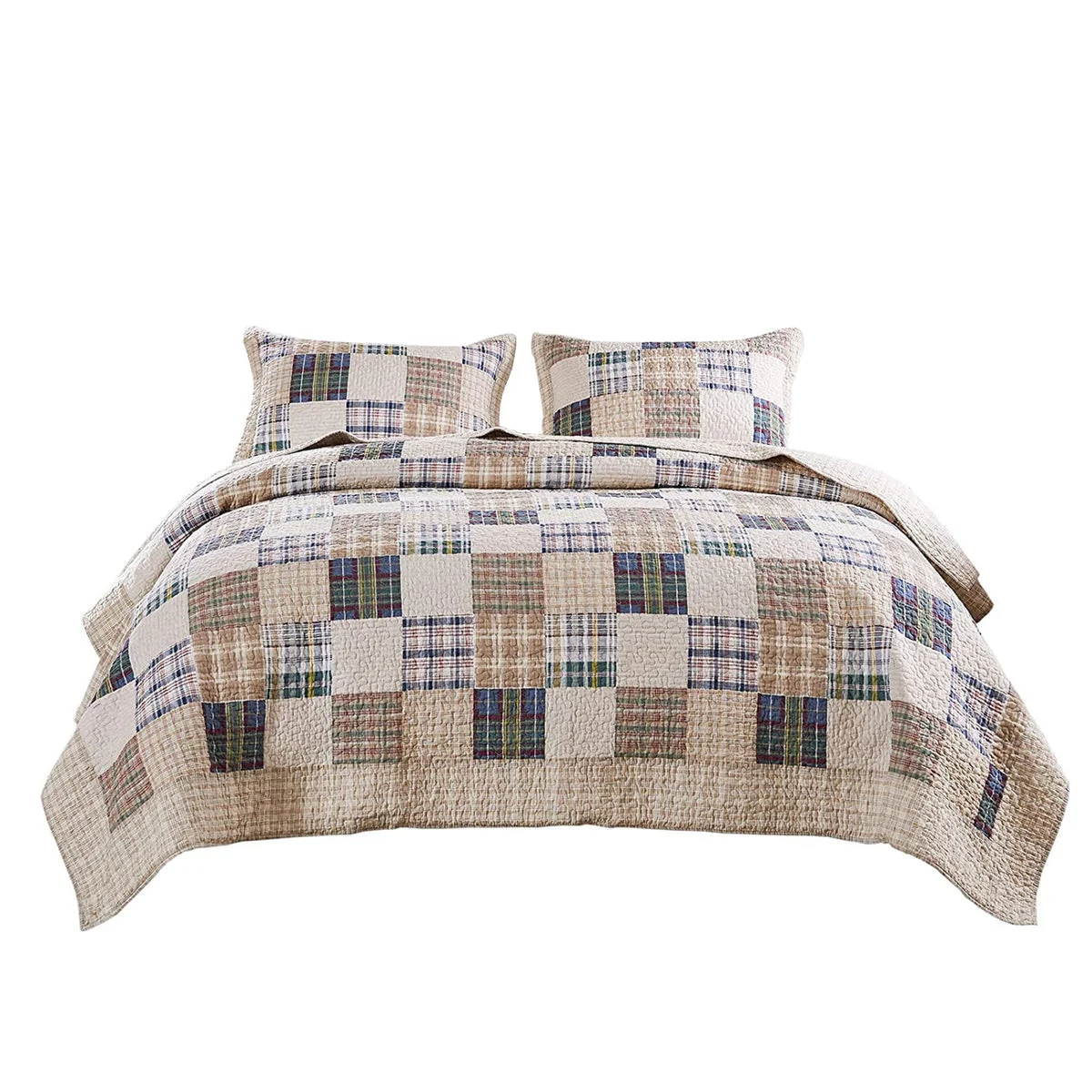 Benzara Ebro 3 Piece King Size Quilt Set with Plaids Square and Stripes Pattern, Cream