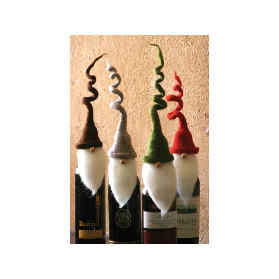 Felt Santa Wine Toppers – 14.57" Curly Hat Christmas Set of 4 by Kalalou