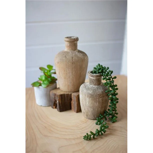 Kalalou CEPC1008 Carved Shoulder Wooden Bottles Set of 2