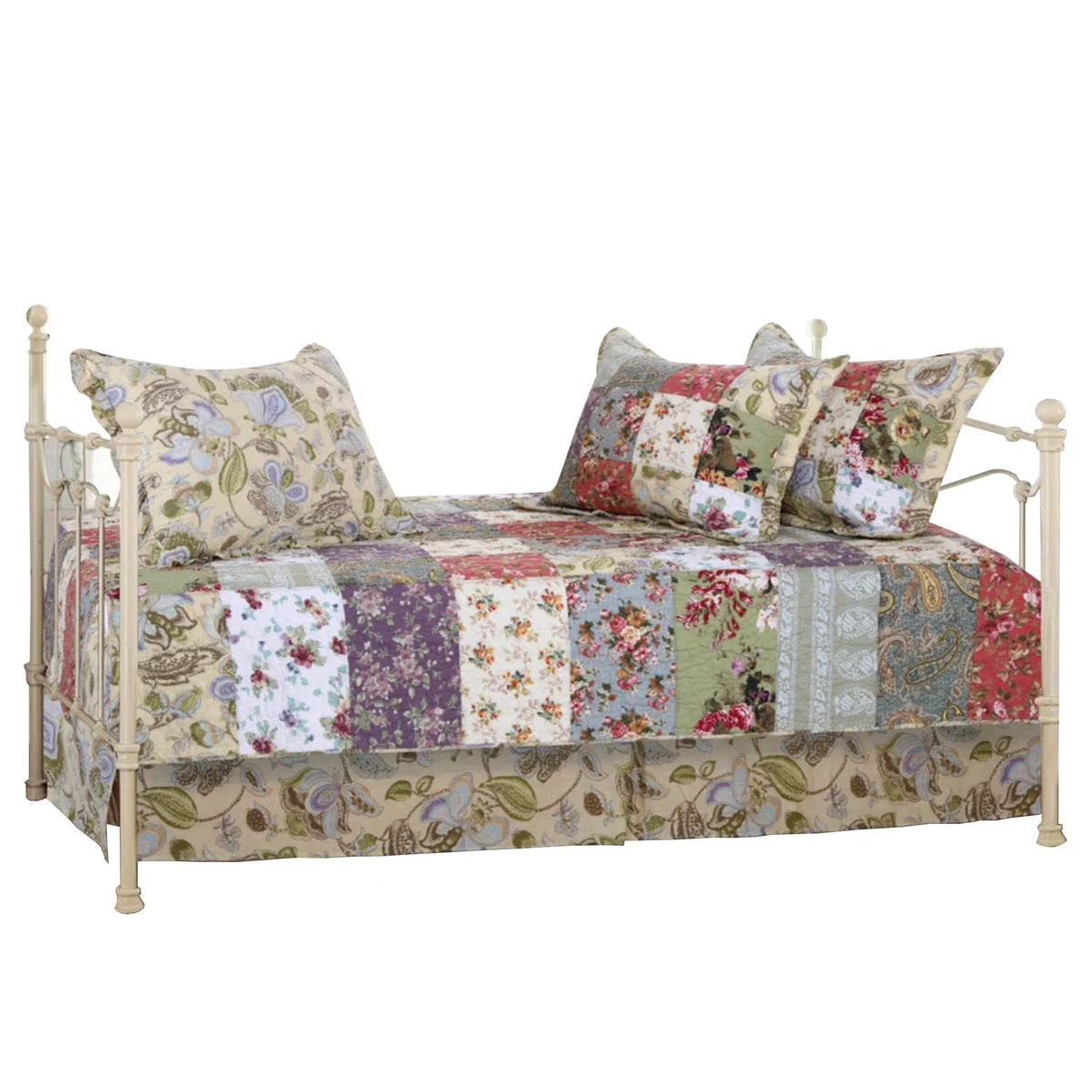Benzara Main Fabric 5 Piece Daybed Set with Patchwork and Jacobean Pattern, Multicolor
