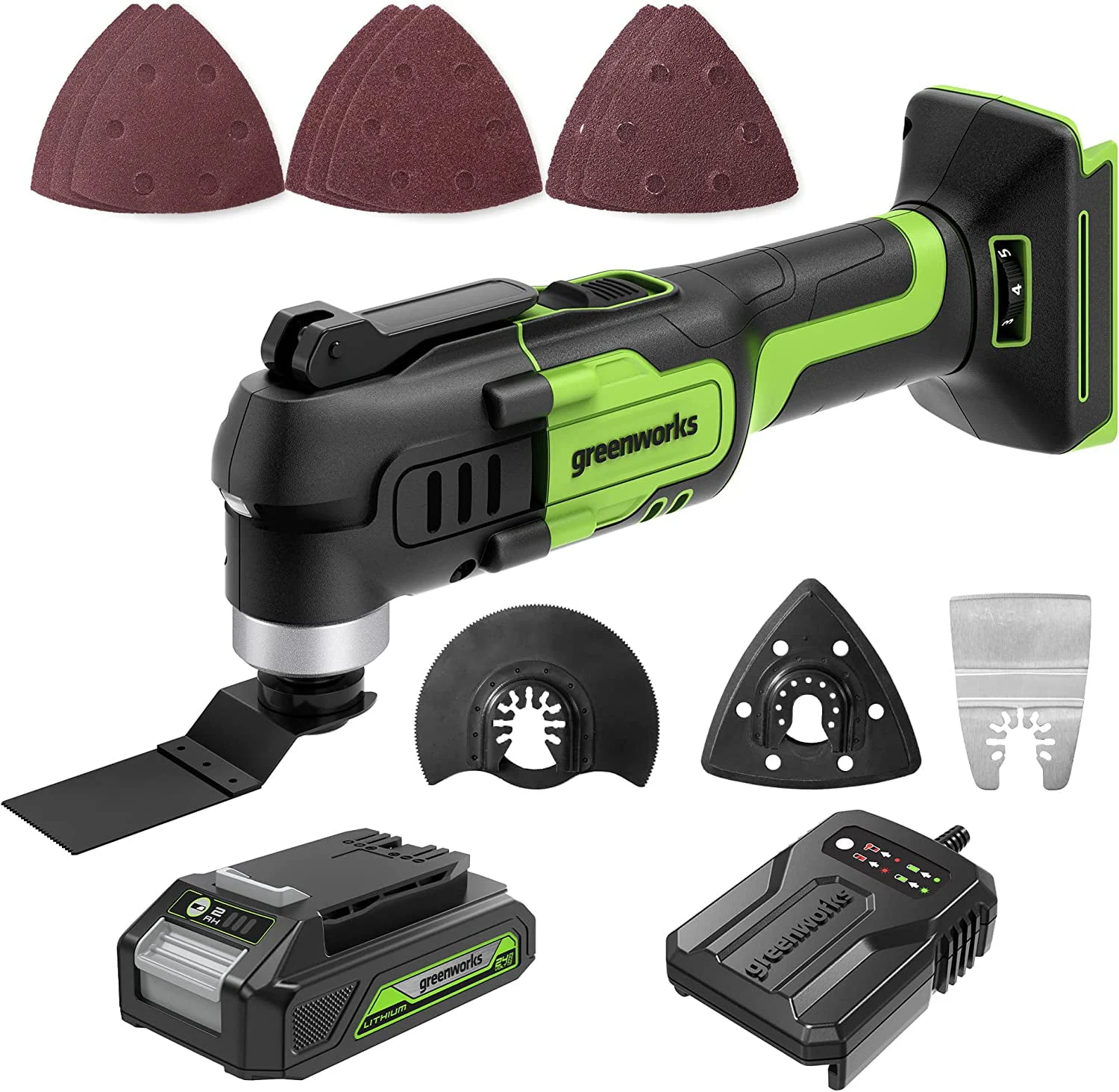Greenworks 24V Cordless Multi-Tool, Oscillating Tool 18,000 OPM for Cutting/Nailing/Scraping/Sanding with 6 Variable Speed Control, 2.0Ah Battery and Charger