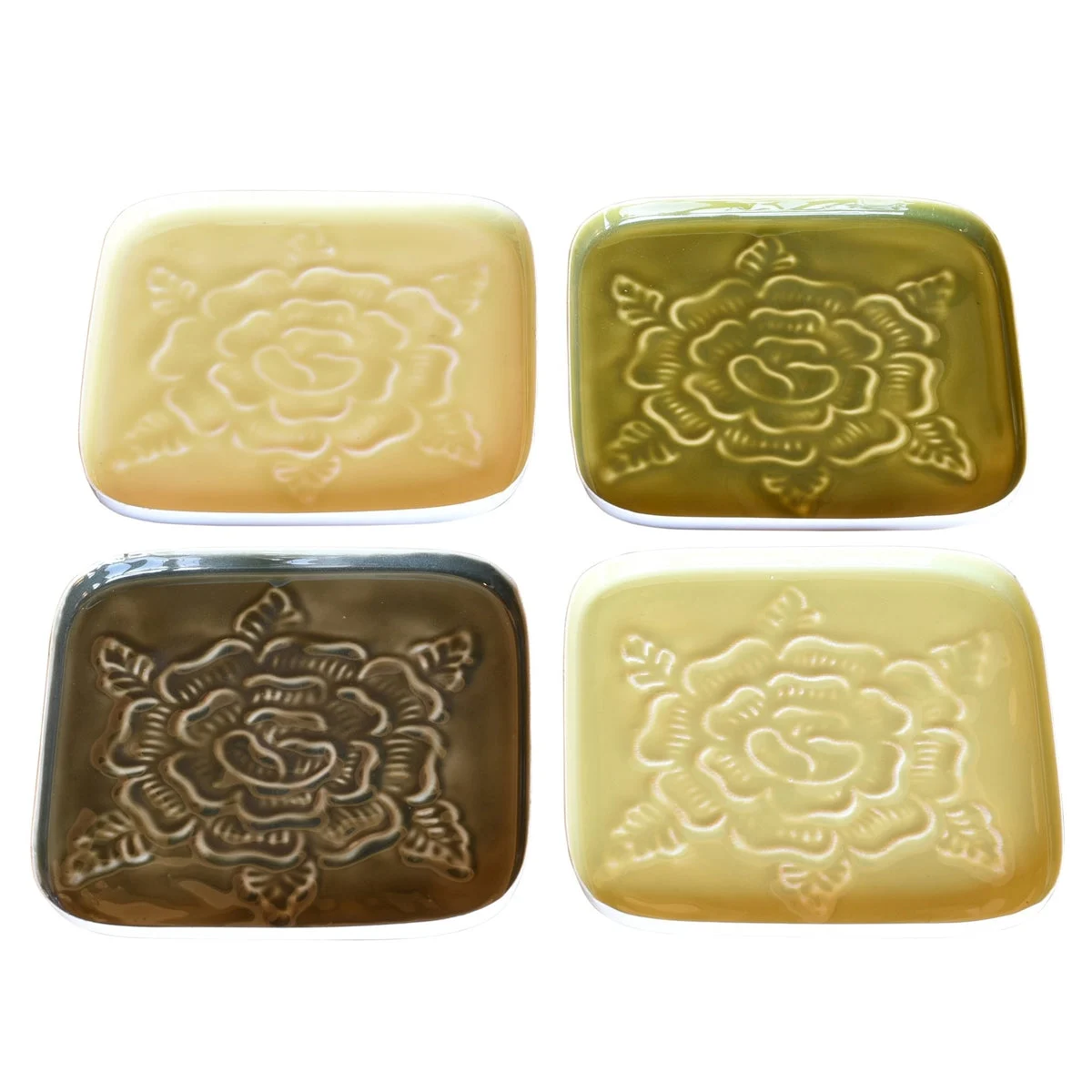 Benzara Metal Coaster with Embossed Rose Pattern, Set of 4, Green