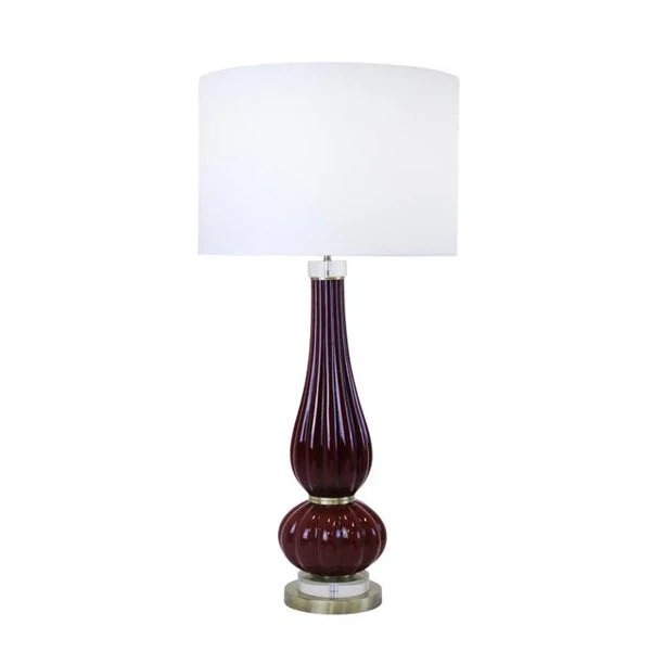 Benzara Drum Fabric Shade Table Lamp with Ribbed Gourd Base, Red