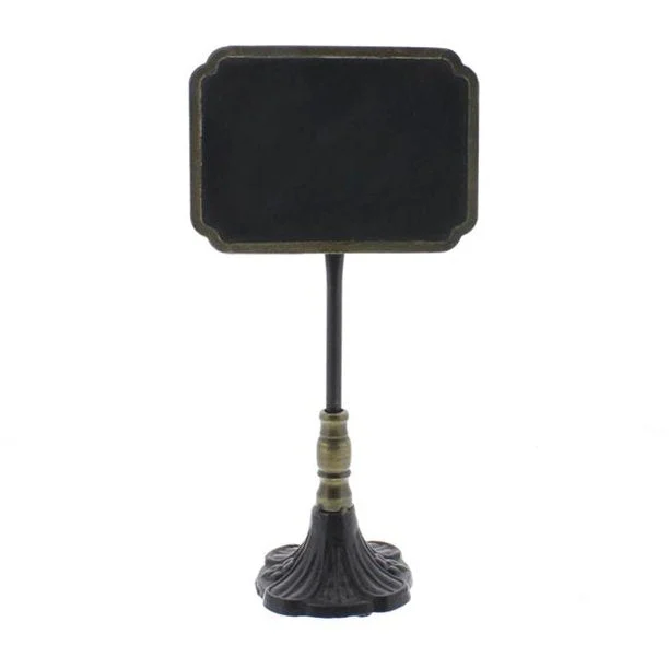 Benzara Rectangular Carved Metal Chalkboard Stand, Black and Brass