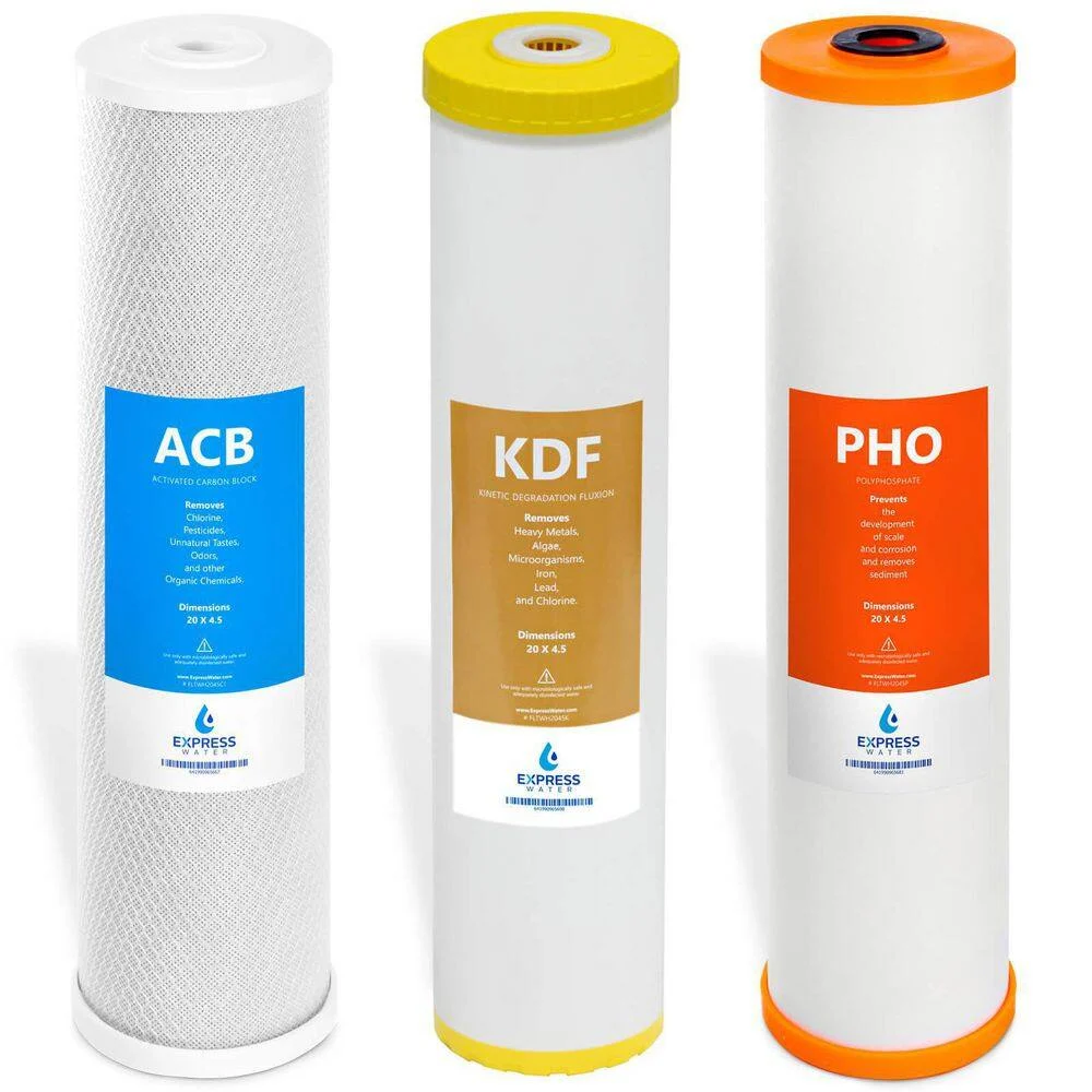 Express Water FLTWH2045CKP1 4.5 in. x 20 in. Whole House 3 Stage Ultimate Protection Heavy Metal and Anti Scale Water Filter Set – 5 Micron