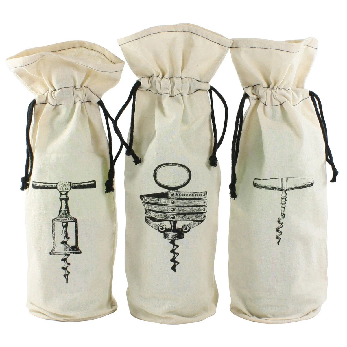 Benzara Corkscrew Printed Wine Bag, Assortment of 3, White and Black