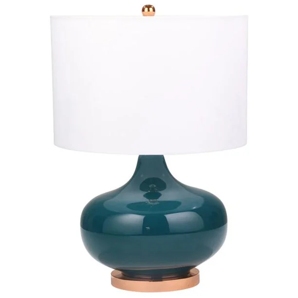 Benzara Drum Fabric Shade Table Lamp with Glass Bellied Shape Support, Green