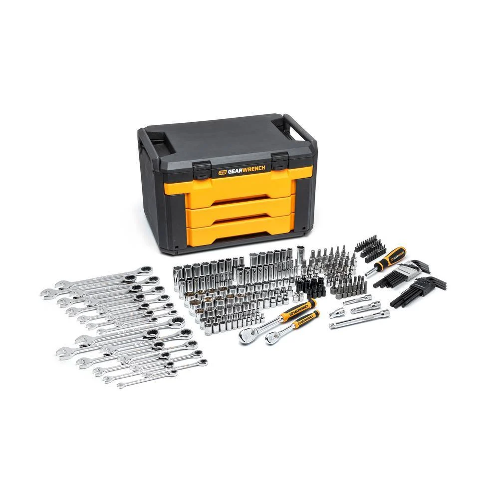 GEARWRENCH 80949 1/4 in. and 3/8 in. Drive 90-Tooth Standard and Deep SAE/Metric Mechanics Tool Set in 3-Drawer Storage Box (232-Piece)