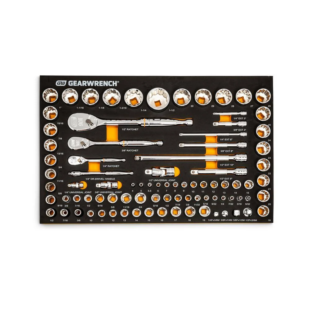 GEARWRENCH 86529 90T 1/4 in., 3/8 in., 1/2 in. 90T SAE/MM Mechanics Tool Set with EVA Foam Tray (83-Pieces)