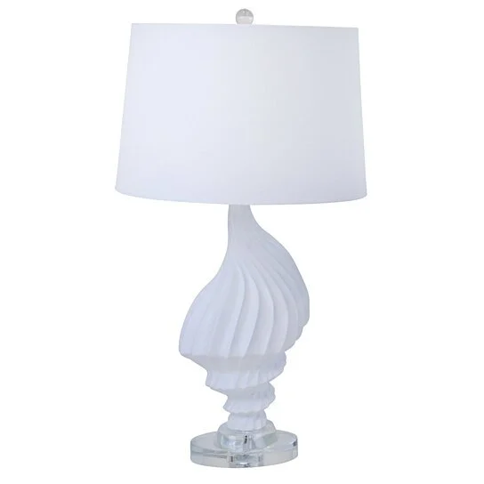 Benzara Polyresin Table Lamp with Sculpted Stand and Round Glass Base, White