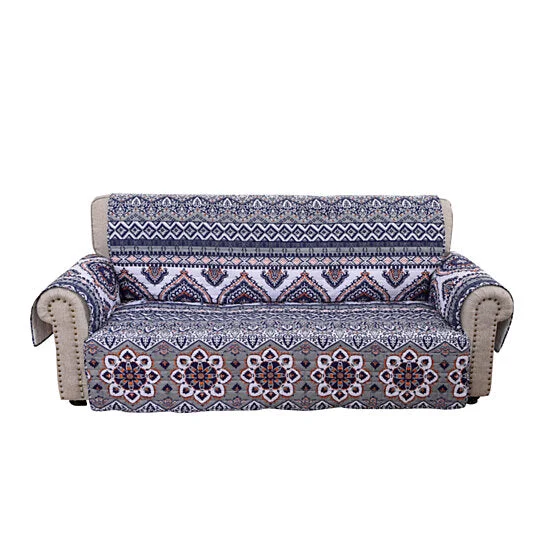 Benzara Thelon Waterproof Polyester Sofa Protector with Medallion Prints, Gray and Blue