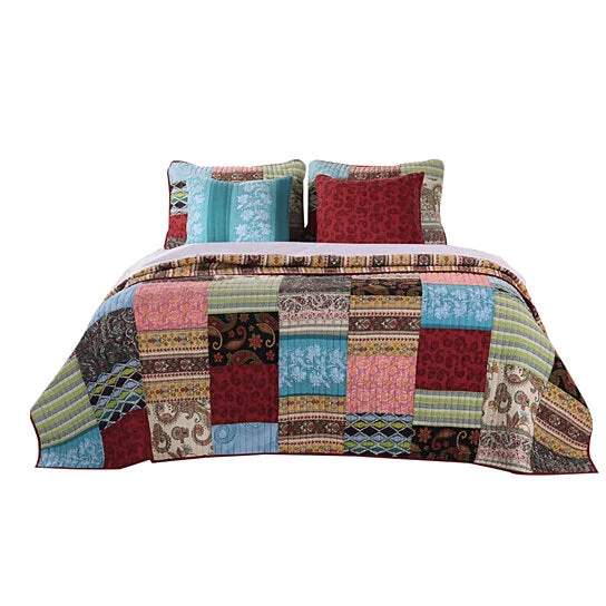 Benzara Stikine 5 Piece Queen Size Cotton Quilt Set with Patchwork Details, Multicolor
