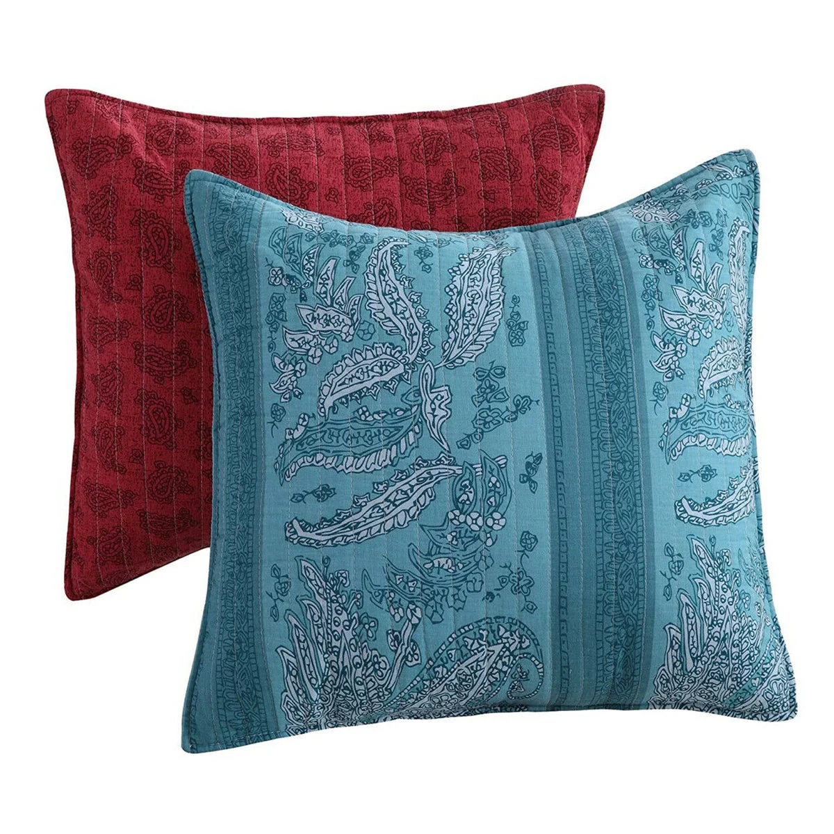 Benzara Stikine 2 Piece Cotton Pillow with Paisley and Floral Print, Red and Blue