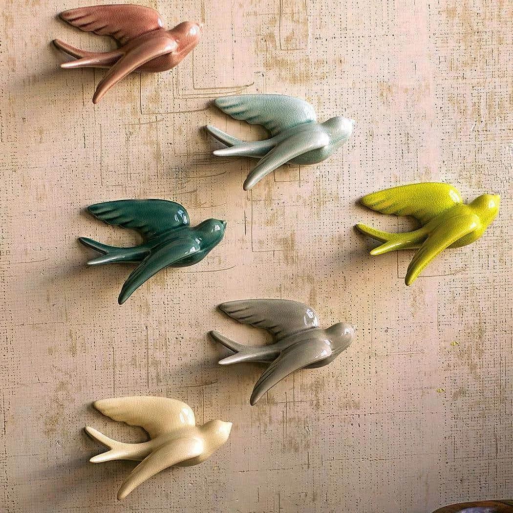 Hanging Ceramic Swallows 6"H – Multi Glazed Wall Decor, (Set of 6) by Kalalou