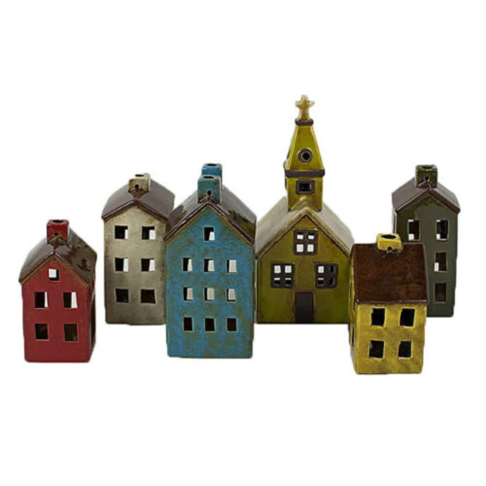 Ceramic Village Houses, 12" Tall, Hand-Painted Glazed Finish, Multicolor Decorative Holiday Set of 6 by Kalalou