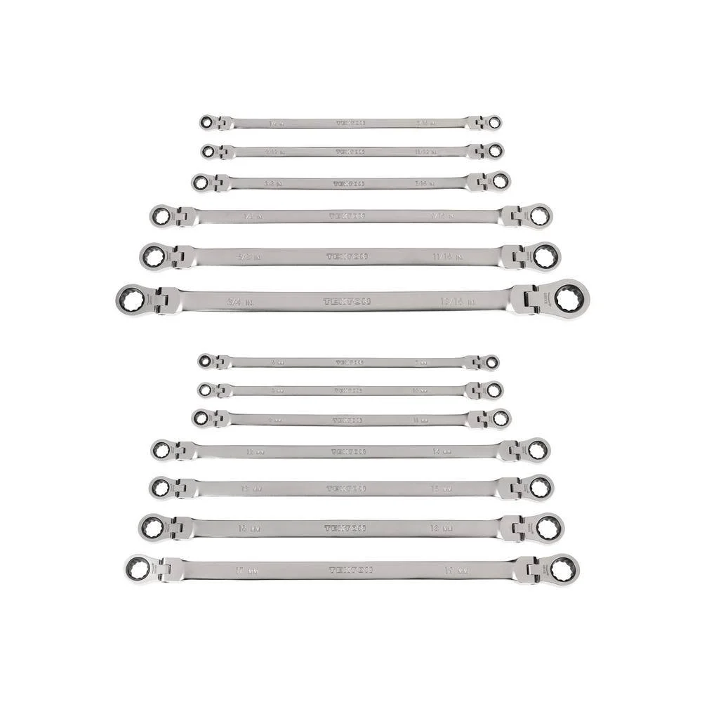 TEKTON WRB96002 Long Flex Head 12-Point Ratcheting Box End Wrench Set with 13-Piece (1/4-13 in./16 in., 6-19 mm)